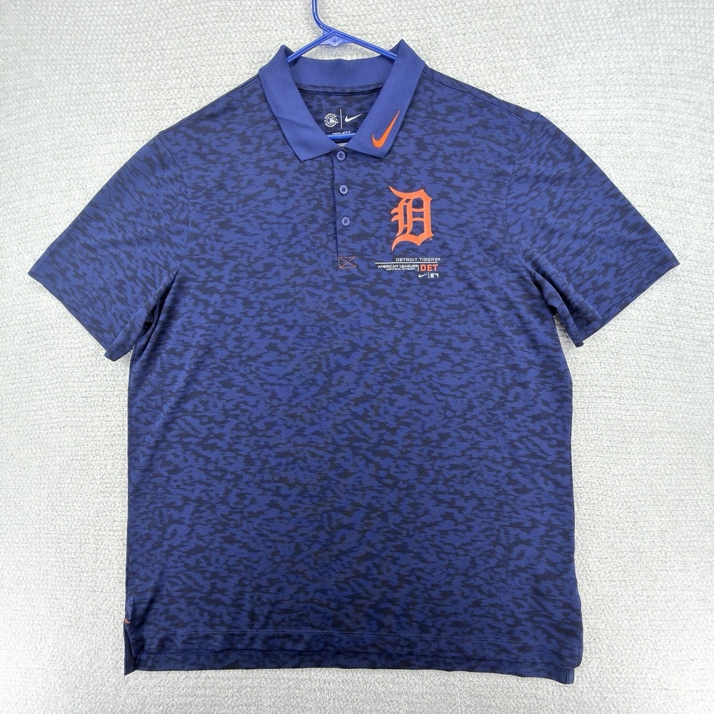 Nike Detroit Tigers Polo Mens XL Dri-FIT MLB Authentic Navy All Over Print